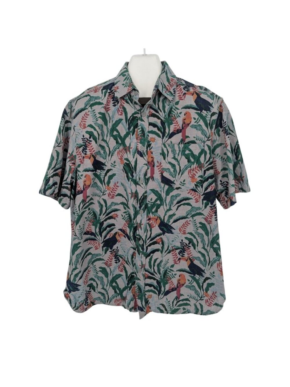 Tropical Print Button Up Shirt Parrot Toucan Vacation Aloha Jungle Resort Large